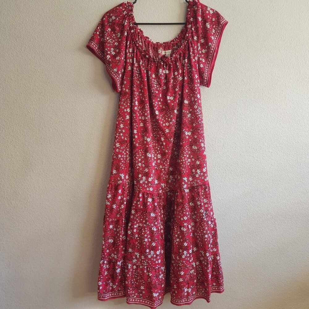 Max Studio Dress Womens 1X Red Floral Boho Tiered Ruffle Peasant Midi Summer